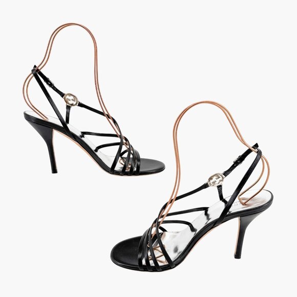 Gucci Strappy Interlocking GG Sandals Size 38.5 US 8.5 Black Leather High Heel - Picture 12 of 15